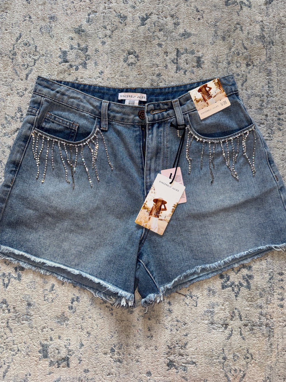 Sincerly Jules Blue Denim Shorts with Silver Beaded Fringe
